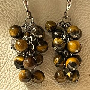 Silver Multi-Row Tiger Eye Drop Earrings